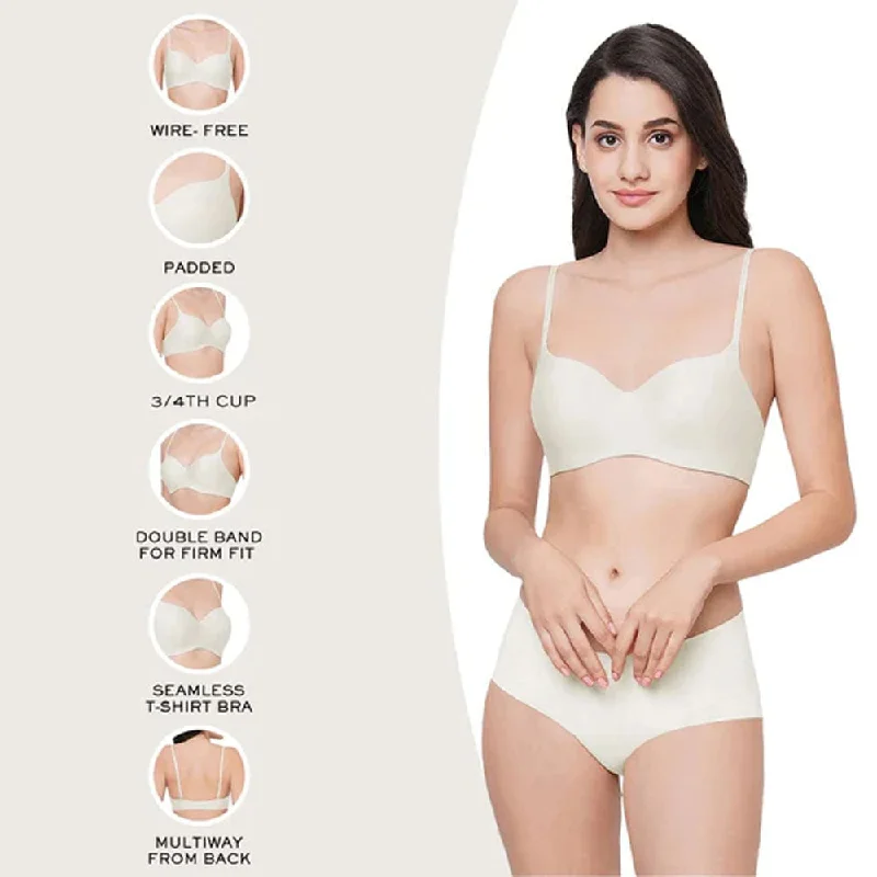 Basic Mold Padded  Non Wired 3/4Th Cup Everyday Wear Seamless T-Shirt Bra - Cream