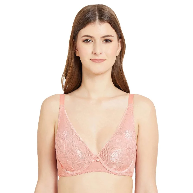 Feliz Padded Wired 3/4th Coverage T-Shirt Plunge Lacy Bra-Pink