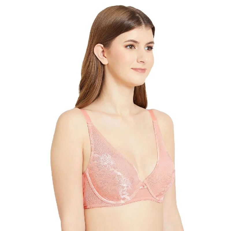 Feliz Padded Wired 3/4th Coverage T-Shirt Plunge Lacy Bra-Pink