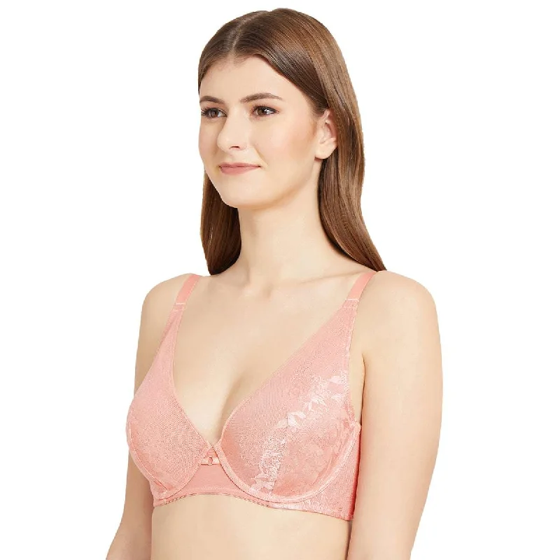 Feliz Padded Wired 3/4th Coverage T-Shirt Plunge Lacy Bra-Pink