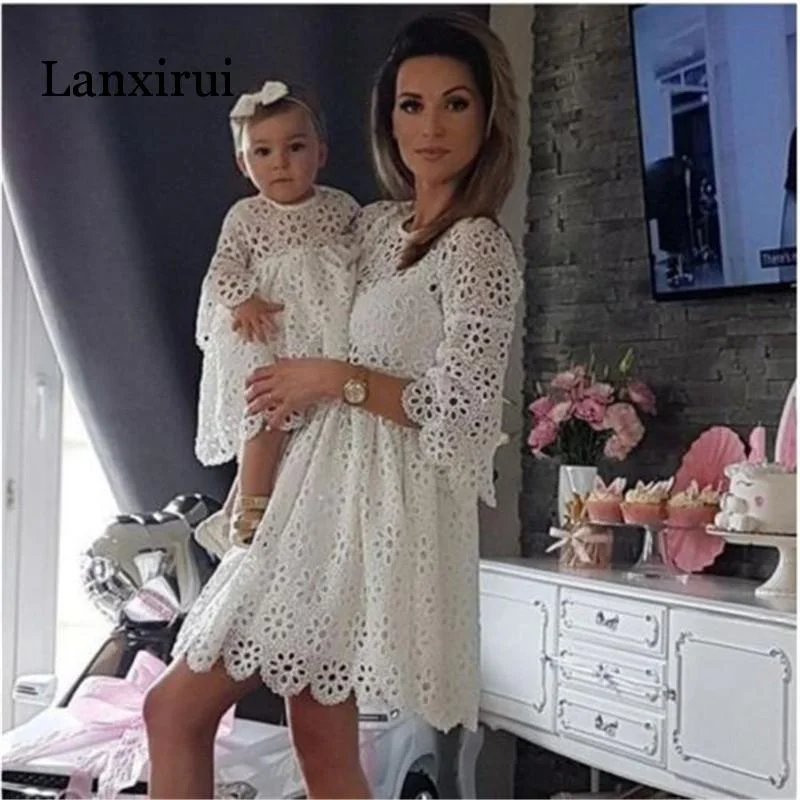 Mother and Daughter White High Waist Lace Floral Hollow Out Dresses Casual Family Matching O Neck Three Quarter Sleeve Sundress