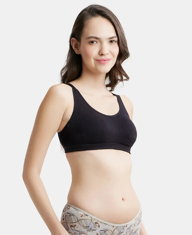 Wirefree Padded Super Combed Cotton Elastane Stretch Full Coverage Slip-On Uniform Bra with Concealed Underband - Black